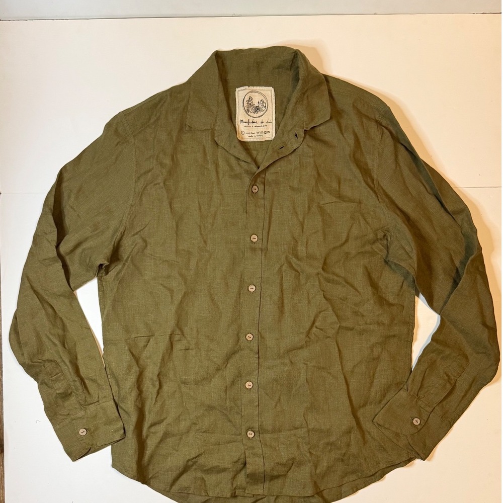 Manufacture de Lin 100% Linen Long Sleeve Button Down Shirt Olive Size LG NWOT